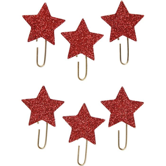 Clip metalliche, Stella, diam 30 mm, rosso glitter, 6 pz/ 1 conf.