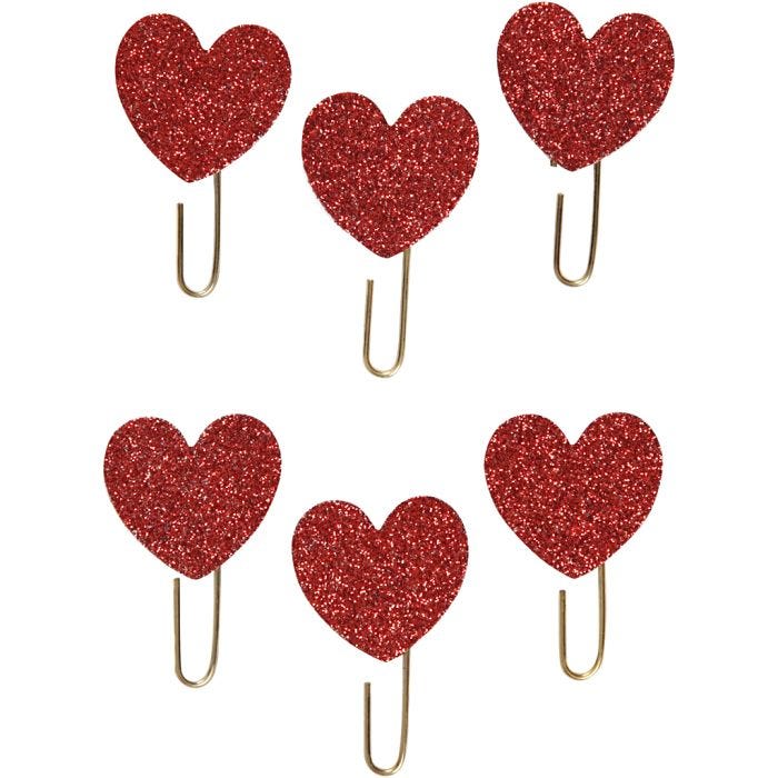 Clip metalliche, Cuore, diam 30 mm, rosso glitter, 6 pz/ 1 conf.