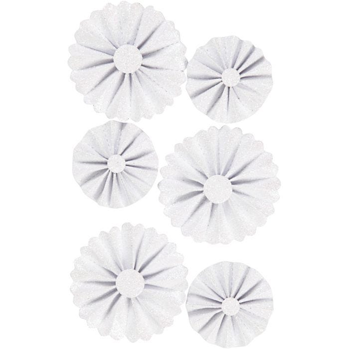 Coccarde in carta, diam 35+50 mm, bianco glitter, 6 pz/ 1 conf.