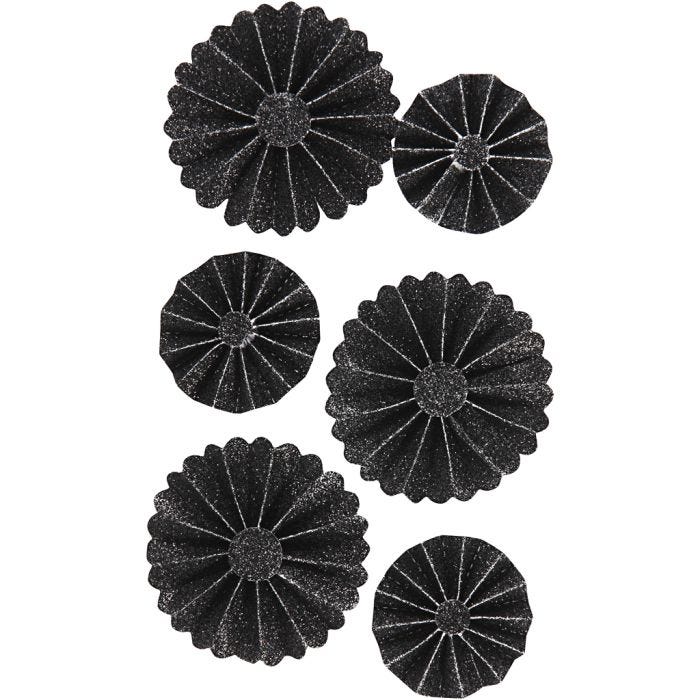 Coccarde in carta, diam 35+50 mm, nero glitter, 6 pz/ 1 conf.