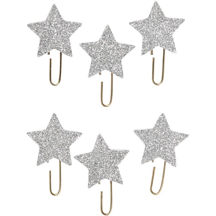 Clip metalliche, Stella, diam 30 mm, argento glitter, 6 pz/ 1 conf.