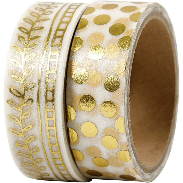 Washi Tape, vite e pois - lamina, L: 15 mm, oro, 2x4 m/ 1 conf.