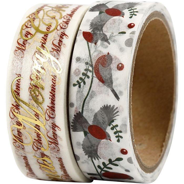 Washi Tape, glædelig jul e uccellini - lamina, L: 15 mm, 2x4 m/ 1 conf.