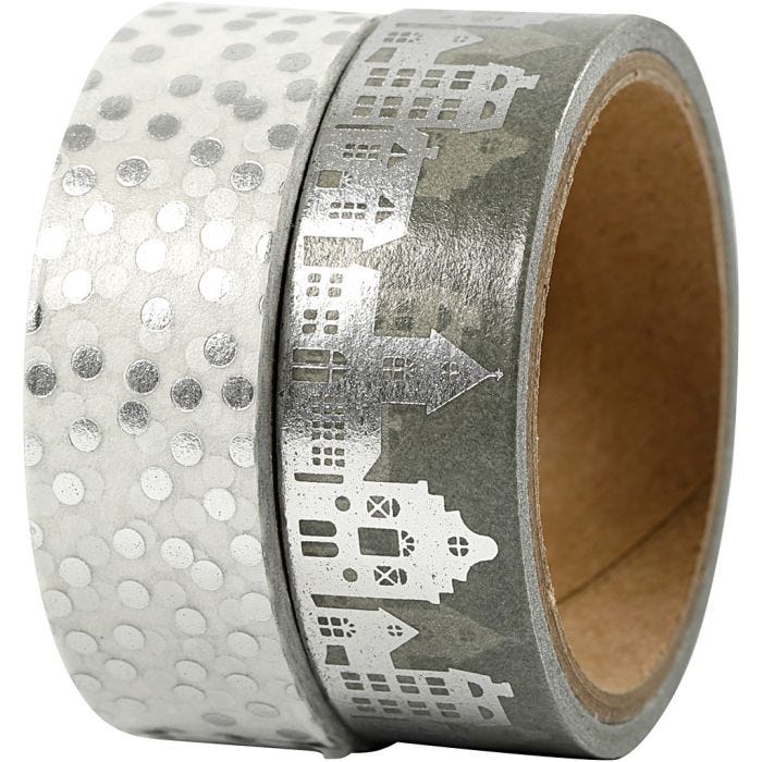 Washi Tape, casette e pois - lamina, L: 15 mm, argento, 2x4 m/ 1 conf.