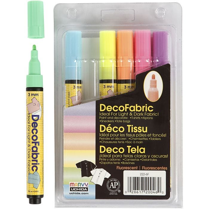 Pennarelli per Stoffa, ampiezza tratto 3 mm, colori neon, 6 pz/ 1 conf.