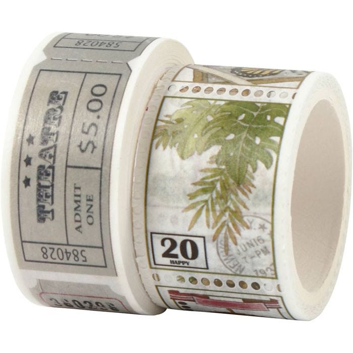 Washi Tape , Motivo biglietto e natura, L: 3+5 M, L: 20+25 mm, 2 rot./ 1 conf.