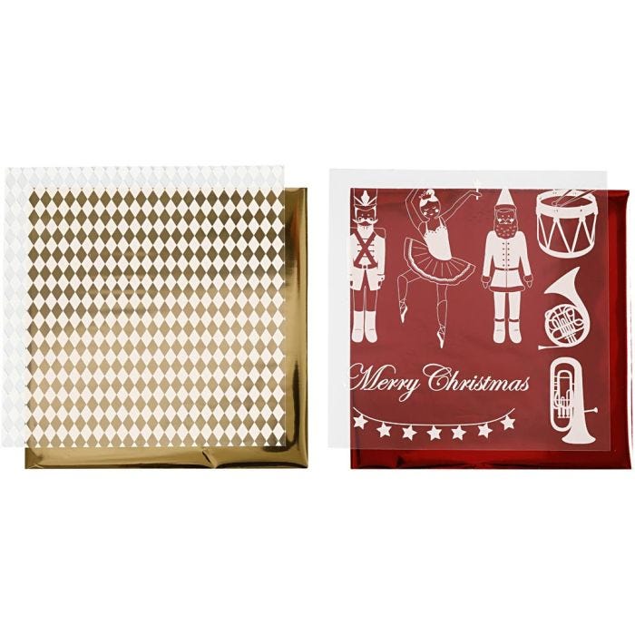Pellicola decorativa e foglio trasferibile, schiaccianoci, Babbo Natale e ballerina, foglio 15x15 cm, oro, rosso, bianco, 4 fgl./ 1 conf.