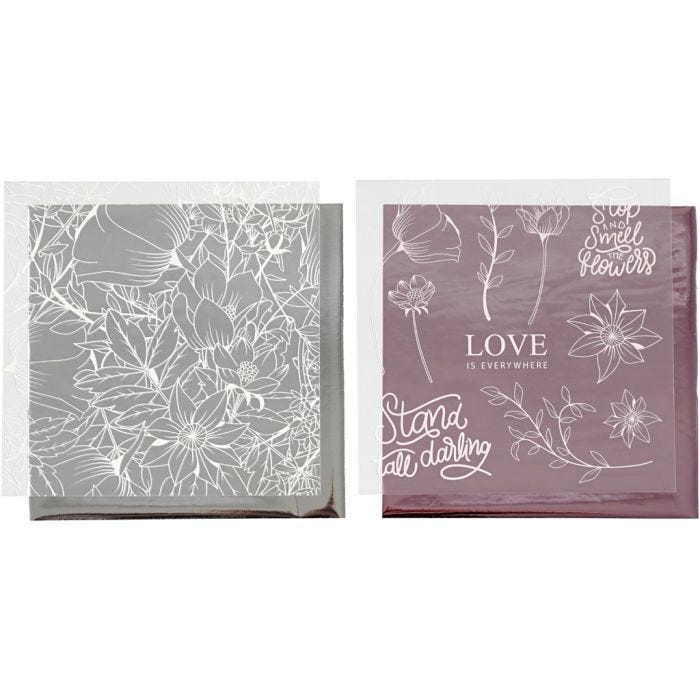 Pellicola decorativa e foglio trasferibile, fiori, foglio 15x15 cm, rosato, argento, 4 fgl./ 1 conf.