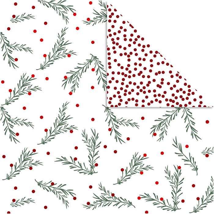 Carta fantasia, rami di abete e pois, foglio 30,5x30,5 cm, 180 g, oro, verde, rosso, bianco, 3 fgl./ 1 conf.
