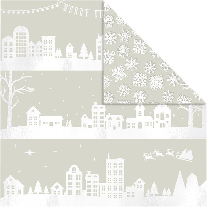 Carta design, casette e cristalli di neve, foglio 30,5x30,5 cm, 180 g, 3 fgl./ 1 conf.