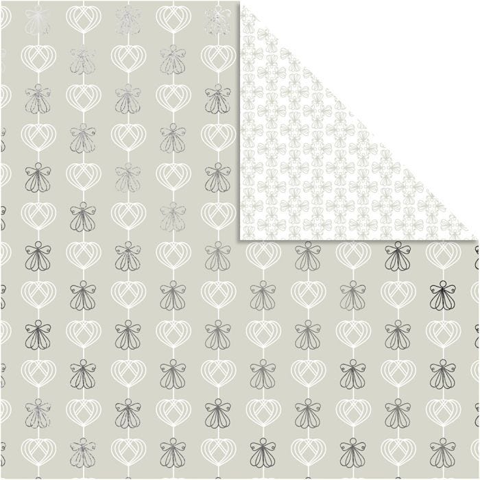 Carta fantasia, angeli e cuori, foglio 30,5x30,5 cm, 180 g, argento, 3 fgl./ 1 conf.