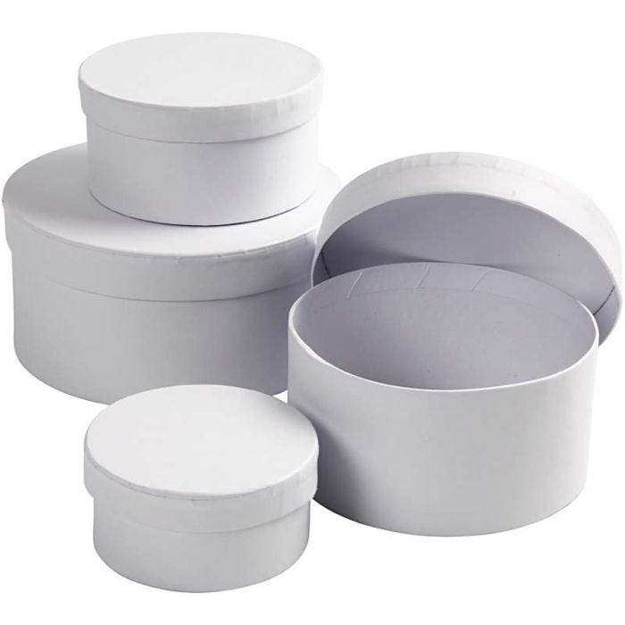 Scatole Rotonde, H: 4+5+6+7 cm, diam 8+10+12+14 cm, bianco, 4 pz/ 1 set