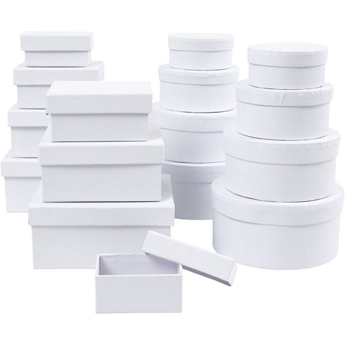 Scatole, H: 3,5+4,5+5,5+6,5 cm, misura 8,5x11,5+11x14 cm, il contenuto può variare , bianco, 16 pz/ 1 conf.