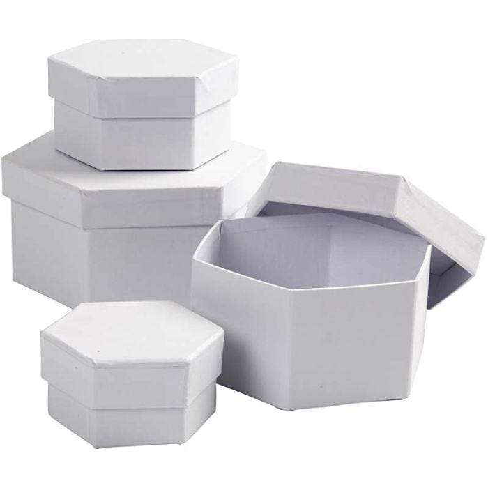 Scatole Esagonali, H: 4+5+6+7 cm, diam 6,5+8+10+12 cm, bianco, 4 pz/ 1 set