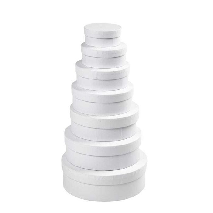 Set di scatole rotonde, H: 4+4,5+5+5,5+6+6,5+7 cm, diam 8,5+10,5+12,5+14,5+16,5+18,5+21,5 cm, bianco, 7 pz/ 1 set