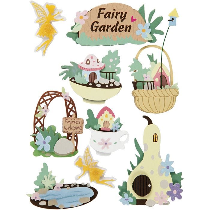 Stickers 3D, giardino fatato, H: 32-64 mm, L: 30-55 mm, spess. 7 mm, 9pz/ 1 conf.