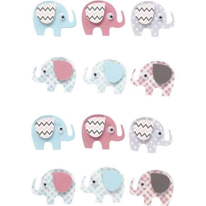 Stickers 3D, elefanti, H: 25 mm, L: 31 mm, spess. 7 mm, 12 pz/ 1 conf.