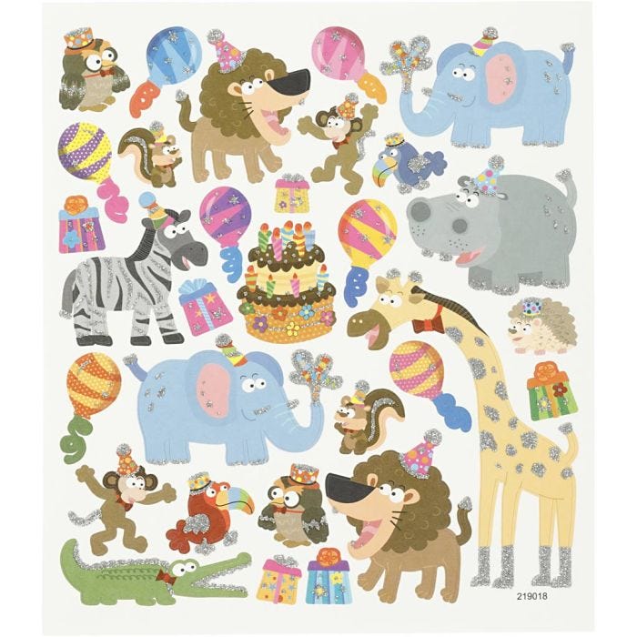 Adesivi, animali di compleanno, foglio 15x16,5 cm, 1 fgl.