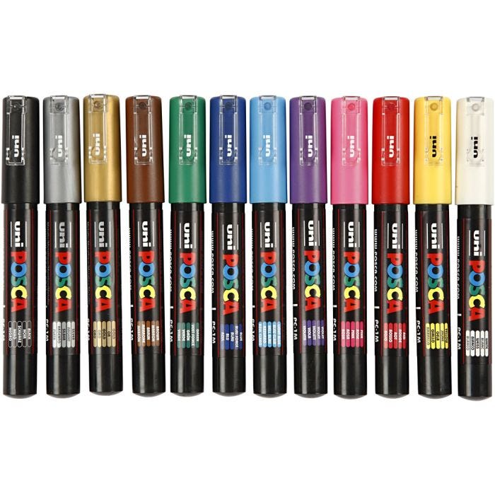 Pennarello Posca, dim. PC-1M, ampiezza tratto 0,7 mm, extra-fine, colori asst., 12 pz/ 1 conf.
