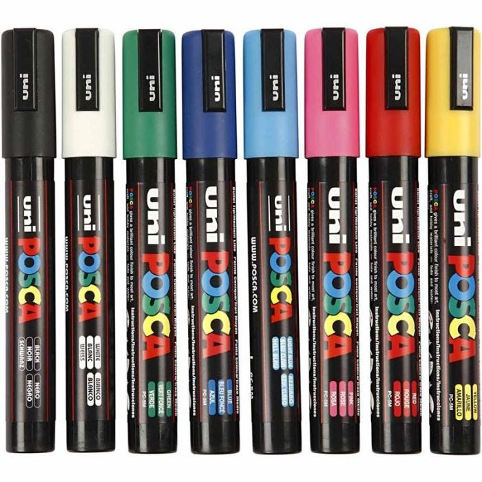 Pennarello Posca, dim. PC-5M, ampiezza tratto 2,5 mm, medium, colori asst., 8 pz/ 1 conf.