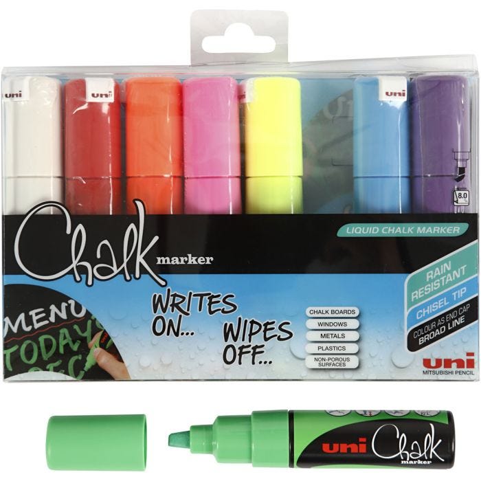 Chalk Pen, ampiezza tratto 8 mm, colori asst., 8 pz/ 1 conf.
