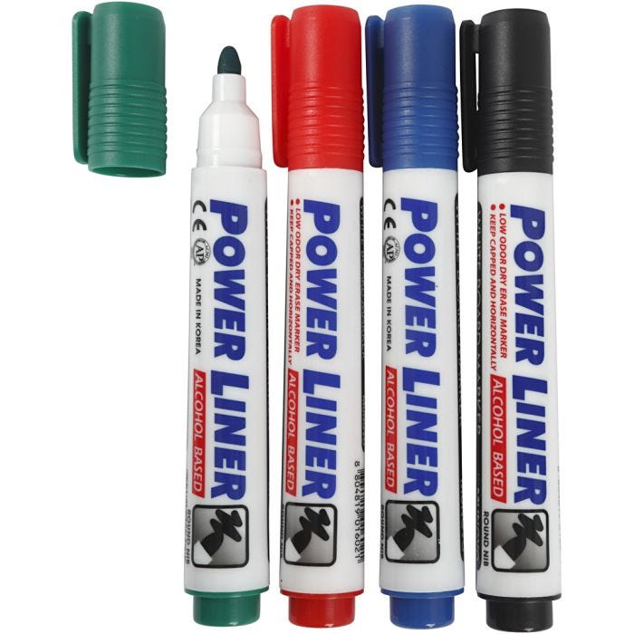 Pennarelli per lavagna, ampiezza tratto 4 mm, nero, blu, verde, rosso, 4 pz/ 1 conf.
