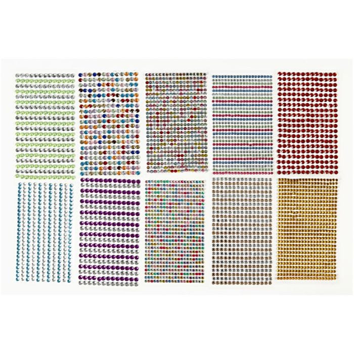Strass, diam 4-6 mm, foglio 16x9,5 cm, colori asst., 10 fgl./ 1 conf.