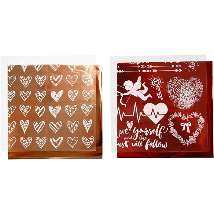 Deco Foil e fogli trasferibili, cuori e love, foglio 15x15 cm, rosso, 2x2 fgl./ 1 conf.
