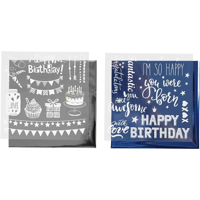 Deco Foil e fogli trasferibili, compleanno, foglio 15x15 cm, blu scuro, argento, 2x2 fgl./ 1 conf.