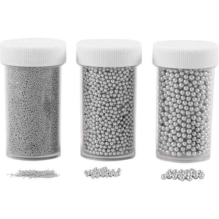 Mini Perle in Vetro, misura 0,6-0,8+1,5-2+3 mm, argento, 3x45 g/ 1 conf.