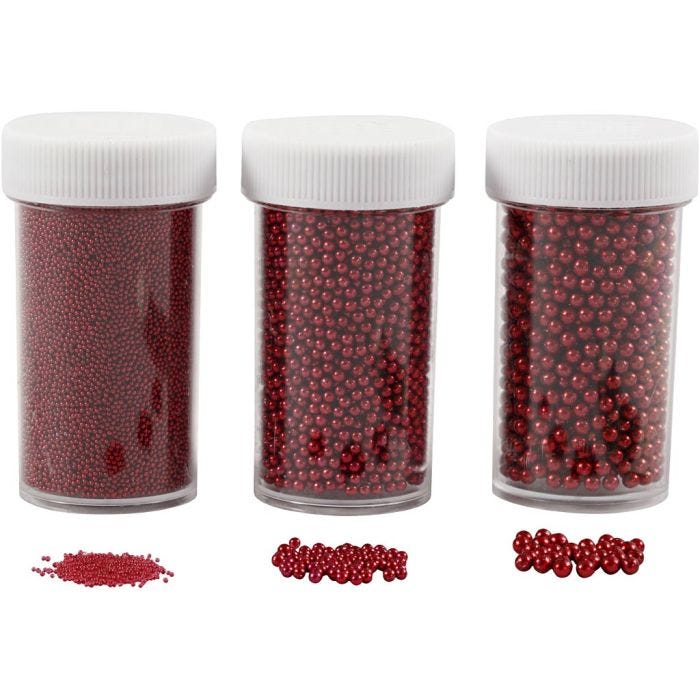 Mini Perle in Vetro, misura 0,6-0,8+1,5-2+3 mm, rosso, 3x45 g/ 1 conf.
