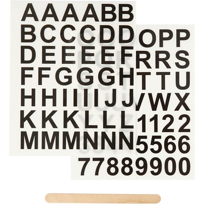 Sticker da Strofinare, lettere e numeri, H: 17 mm, L: 17 mm, foglio 12,2x15,3 cm, nero, 1 conf.