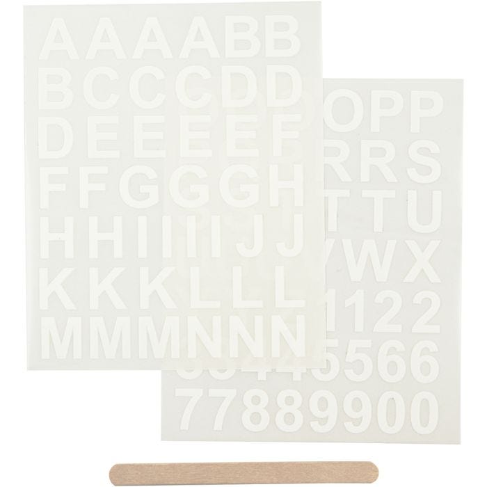 Sticker da Strofinare, lettere e numeri, H: 17 mm, L: 17 mm, foglio 12,2x15,3 cm, bianco, 1 conf.