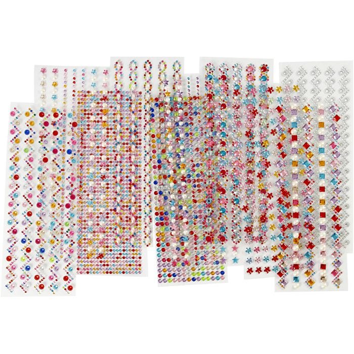 Diamanti sintetici, diam 2-10 mm, foglio 27x9 cm, il contenuto può variare , 12 fgl. asst./ 1 conf.