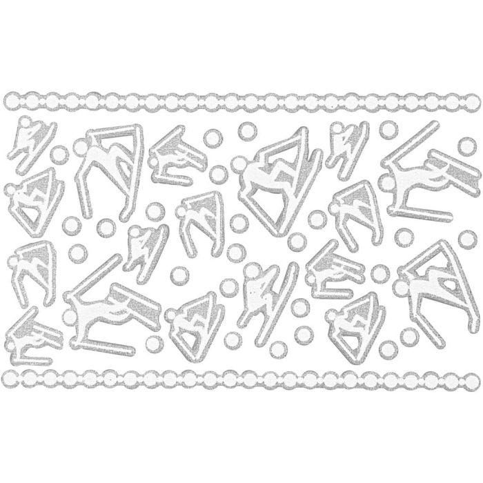 Stickers gommati, sciatori, foglio 9x14 cm, misura 5-30 mm, bianco, 1 fgl.