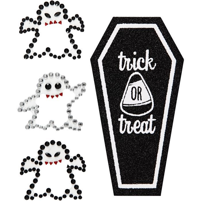 Stickers con brillantini, fantasmi e bara, foglio 14x17 cm, 1 fgl.
