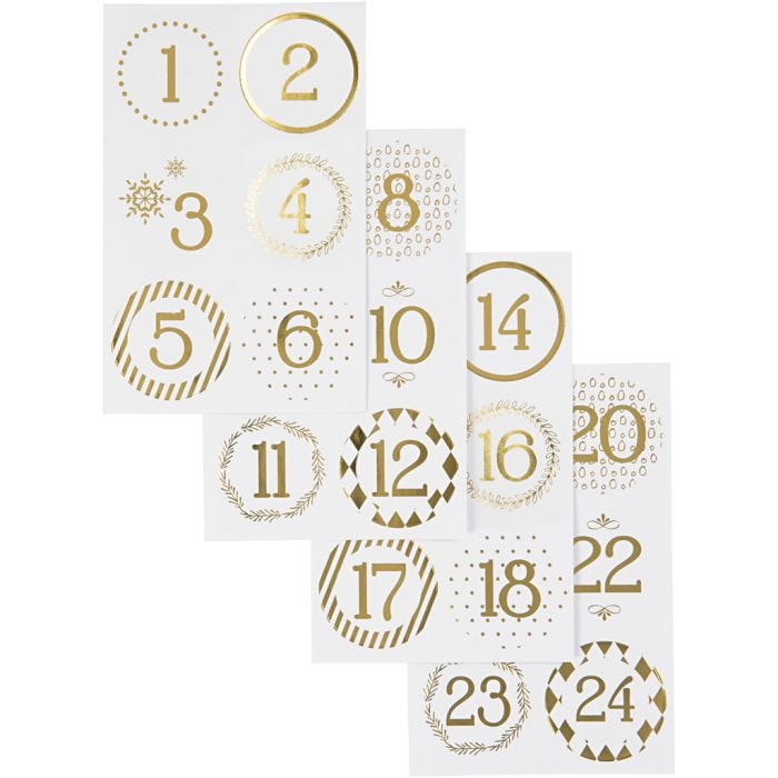 Numeri calendario dell'Avvento, diam 40 mm, foglio 9x14 cm, oro, bianco, 4 fgl./ 1 conf.