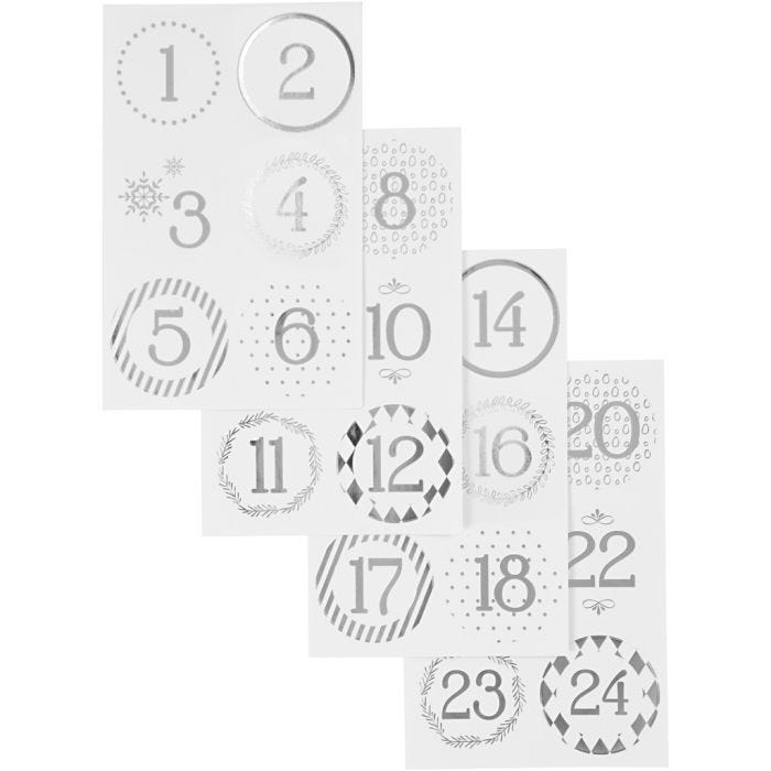 Numeri calendario dell'Avvento, diam 40 mm, foglio 9x14 cm, argento, bianco, 4 fgl./ 1 conf.