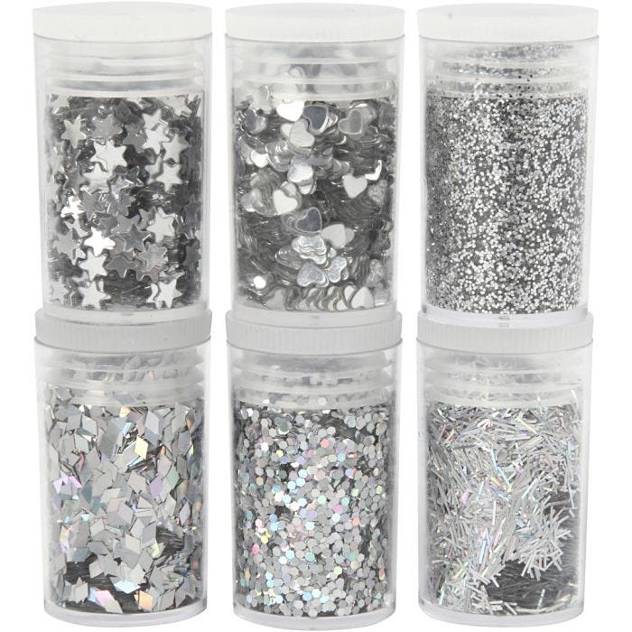 Glitter e paillettes biodegradabili, argento, 6x7 ml/ 1 conf.