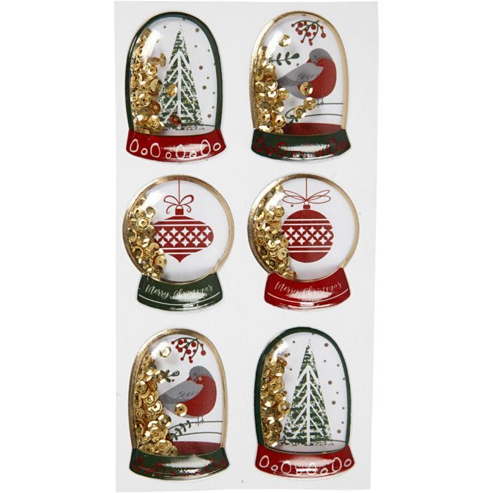 Shaker stickers , uccellino, albero e sfera natalizia, misura 49x32+45x36 mm, oro, 6 pz/ 1 conf.