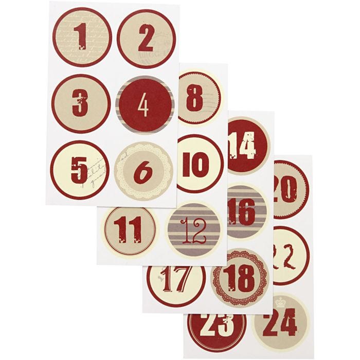 Numeri calendario dell'Avvento, diam 4 cm, foglio 9x14 cm, 4 fgl. asst./ 1 conf.