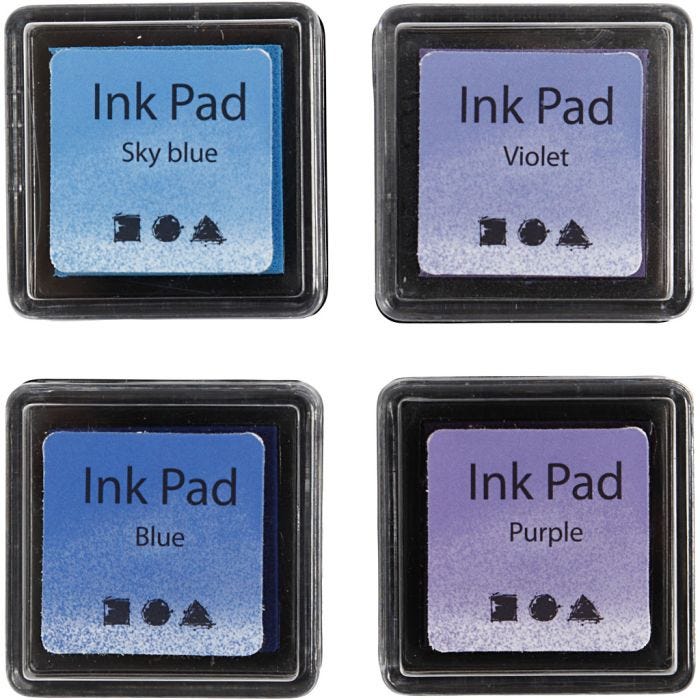 Tampone inchiostrato, H: 2 cm, misura 3,5x3,5 cm, blu, celeste, viola, violetto, 4 pz/ 1 conf.