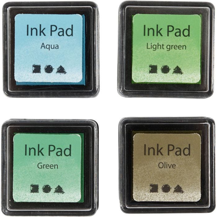 Tampone inchiostrato, H: 2 cm, misura 3,5x3,5 cm, verde, verde chiaro, oliva, aqua, 4 pz/ 1 conf.