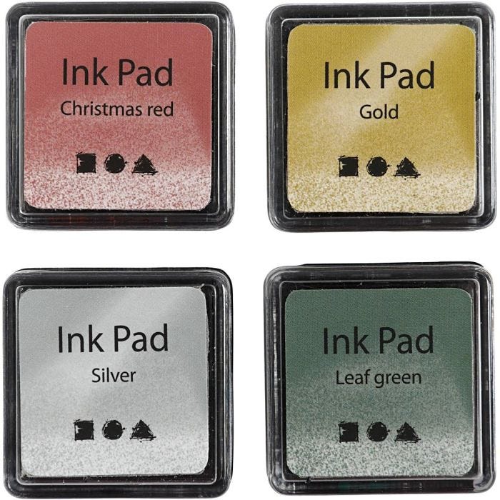 Tampone inchiostrato, H: 2 cm, misura 3,5x3,5 cm, oro, verde lime, rosso natalizio, argento, 4 pz/ 1 conf.