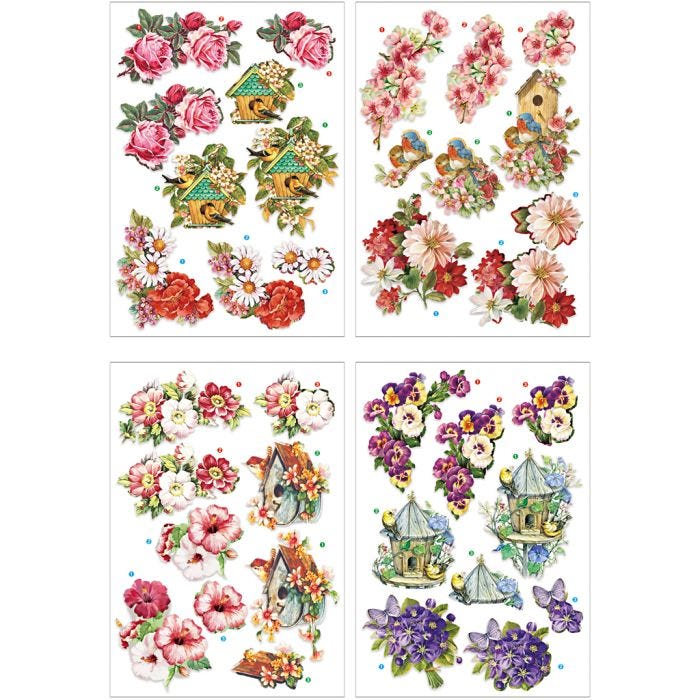 Motivi decoupage 3D, fiori e uccelli, foglio 21x30 cm, 4 fgl./ 1 conf.