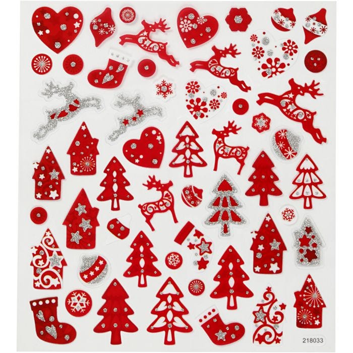 Adesivi, Natale bianco e rosso, foglio 15x16,5 cm, 1 fgl.