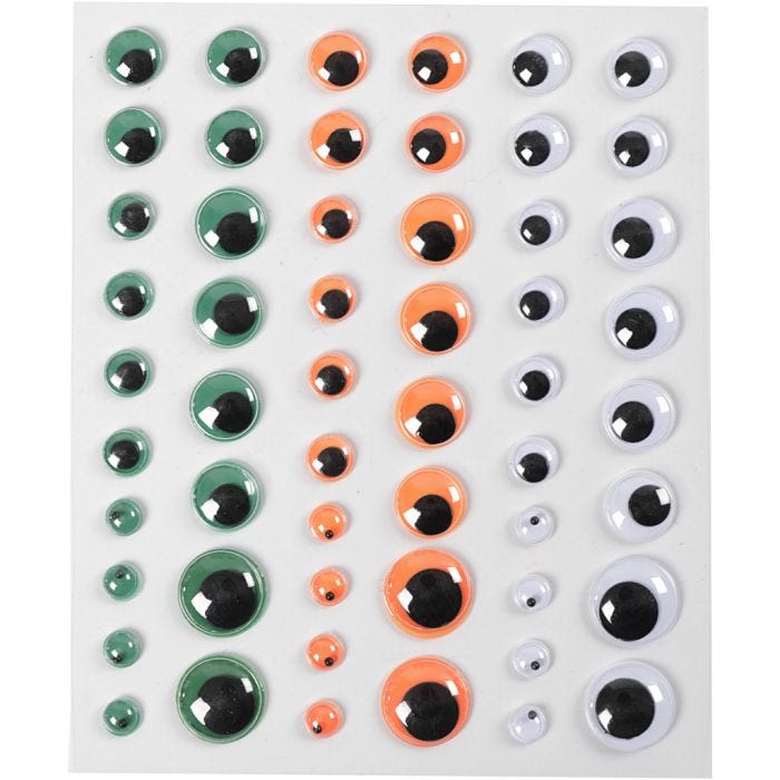 Occhi mobili, autoadesivi, diam 6+8+10+12+15 mm, verde, arancio, bianco, 54 pz, 1 fgl.