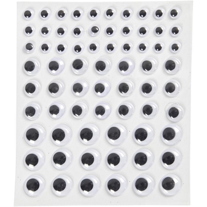 Occhi mobili, autoadesivi, diam 8+12+14 mm, bianco, 69 pz, 1 fgl.