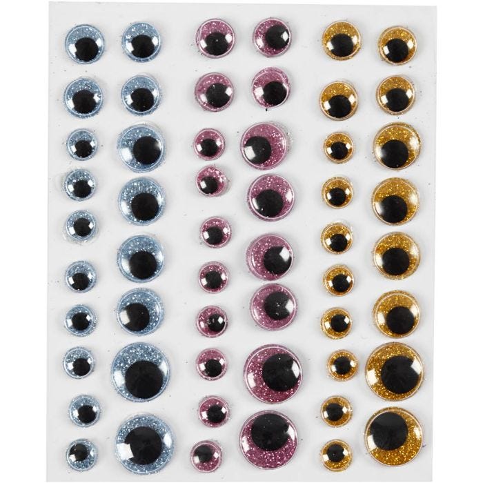 Occhi mobili, diam 8+10+12+15 mm, azzurro, oro, rosso chiaro, 54 pz/ 1 fgl.