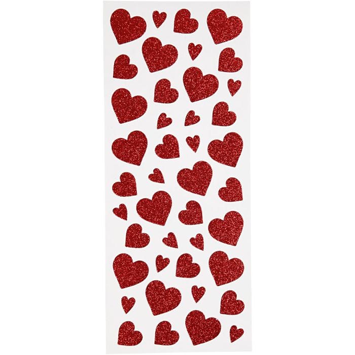 Stickers glitter, cuori, foglio 10x24 cm, rosso, 2 fgl./ 1 conf.